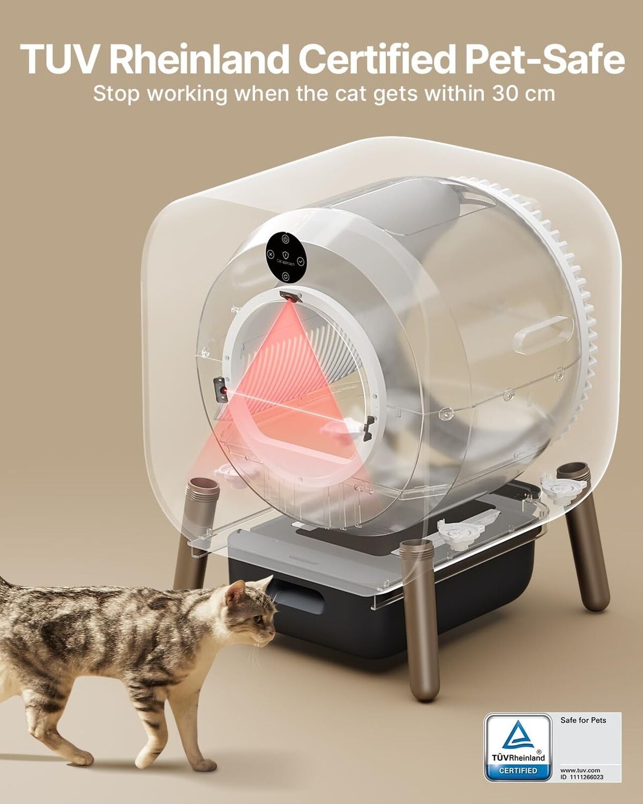 TUV certified automatic self-cleaning litter box for multiple cats.