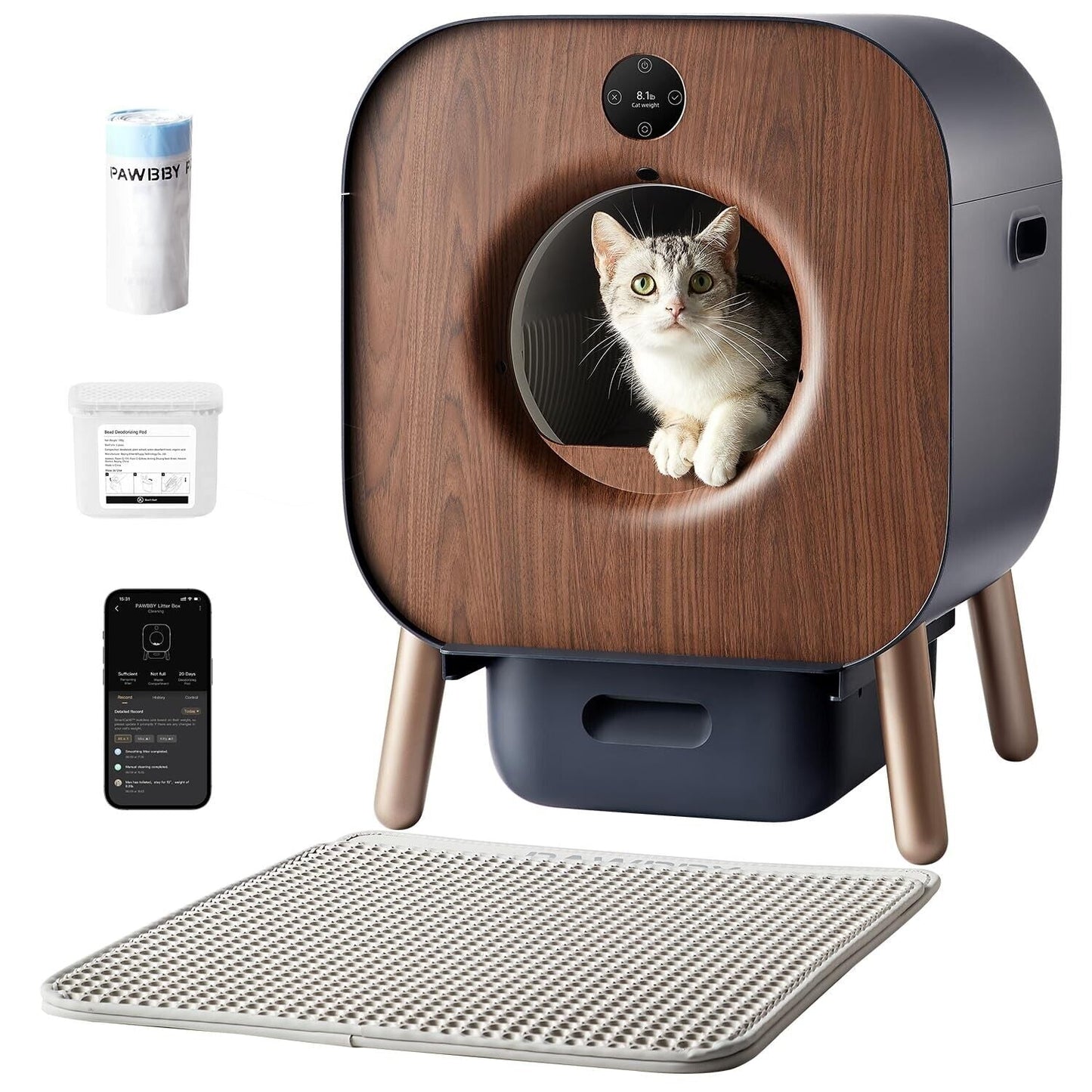 Automatic self-cleaning litter box for multiple cats with safety features and app control.