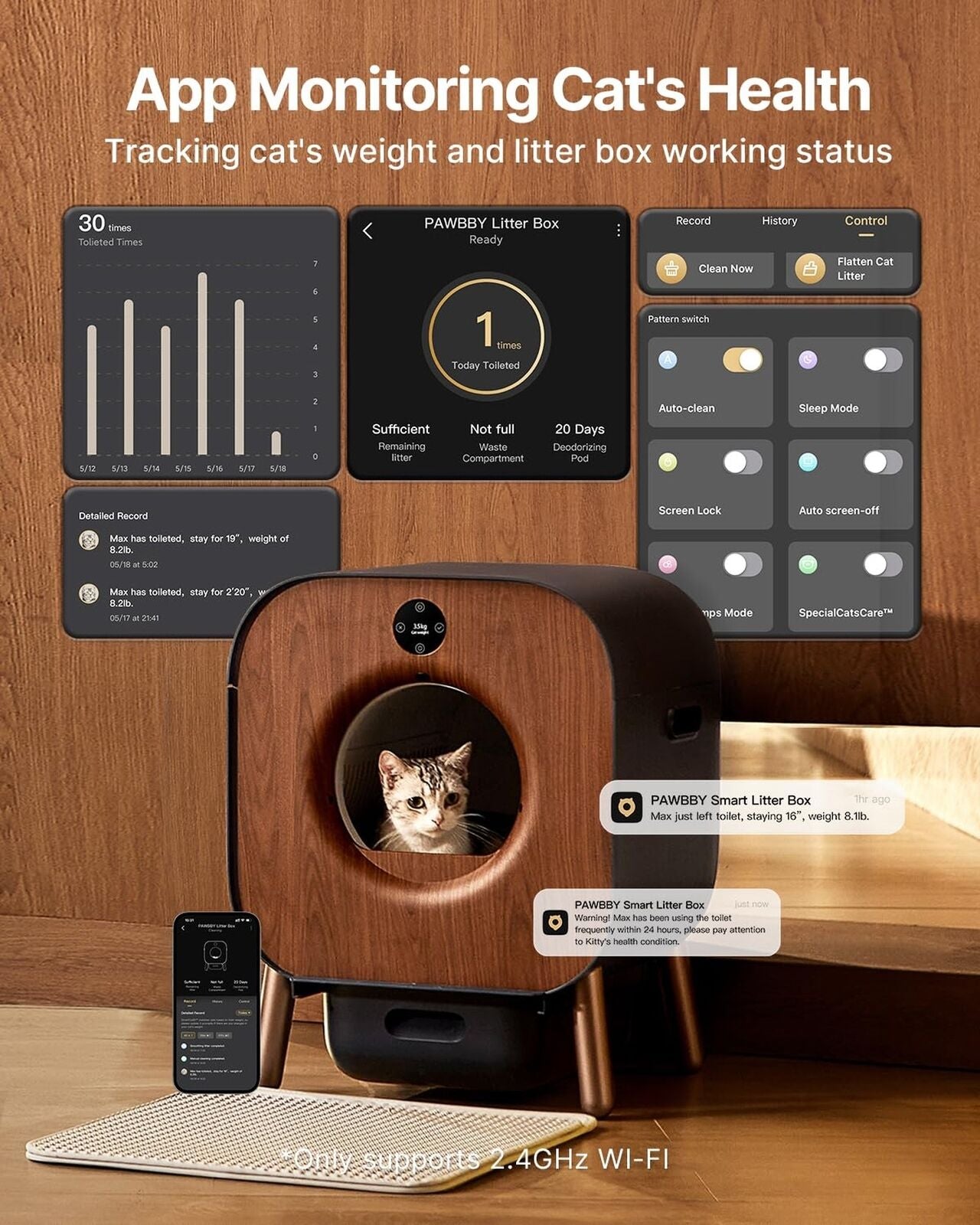 Automatic self-cleaning litter box with app monitoring features for multi-cat use.