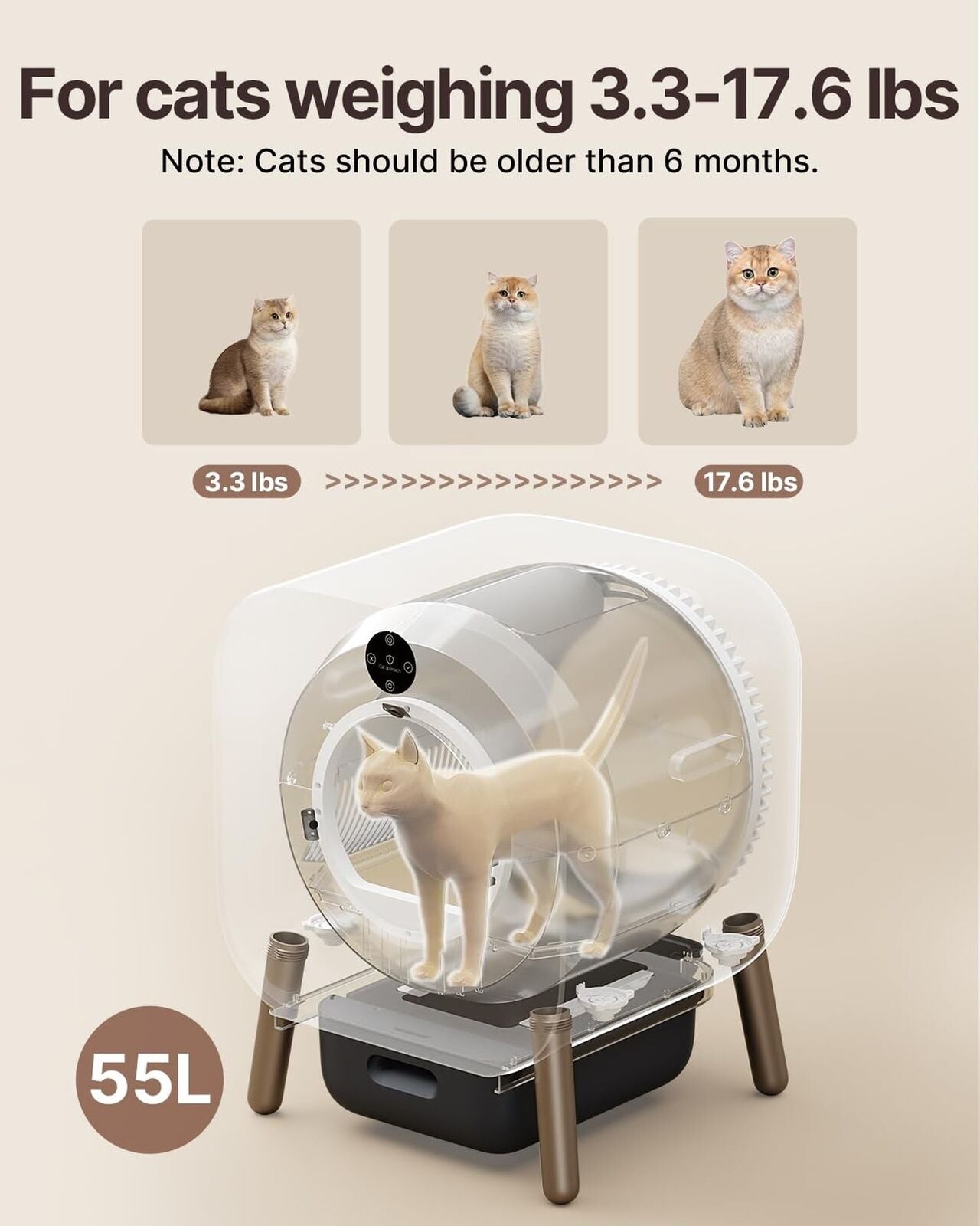 Automatic self-cleaning litter box for cats, suitable for weights 3.3-17.6 lbs, 55L capacity.
