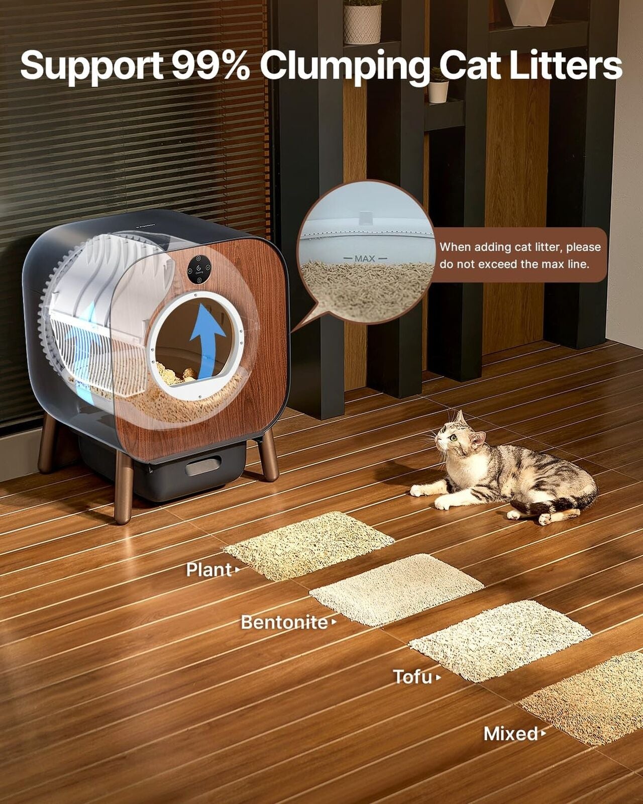Automatic self-cleaning litter box supporting clumping litters with safety and odor control features.