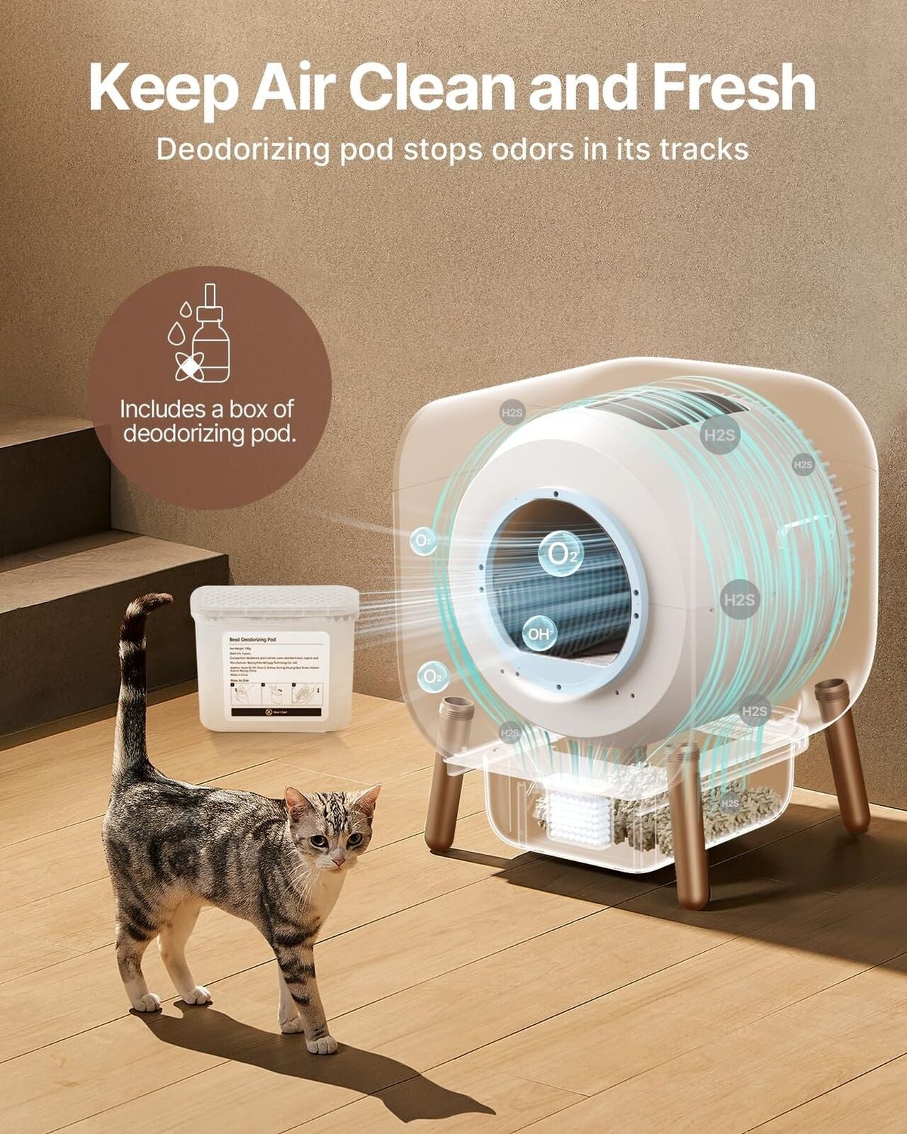 Automatic self-cleaning litter box with deodorizing pod for odor removal, ideal for multiple cats.