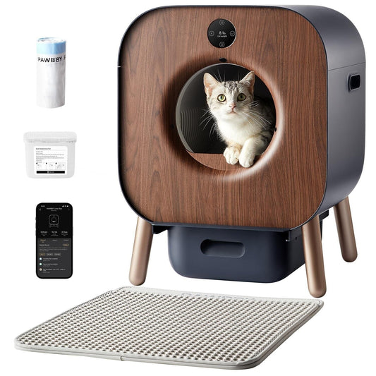 Automatic self-cleaning litter box for multiple cats with safety features and app control.