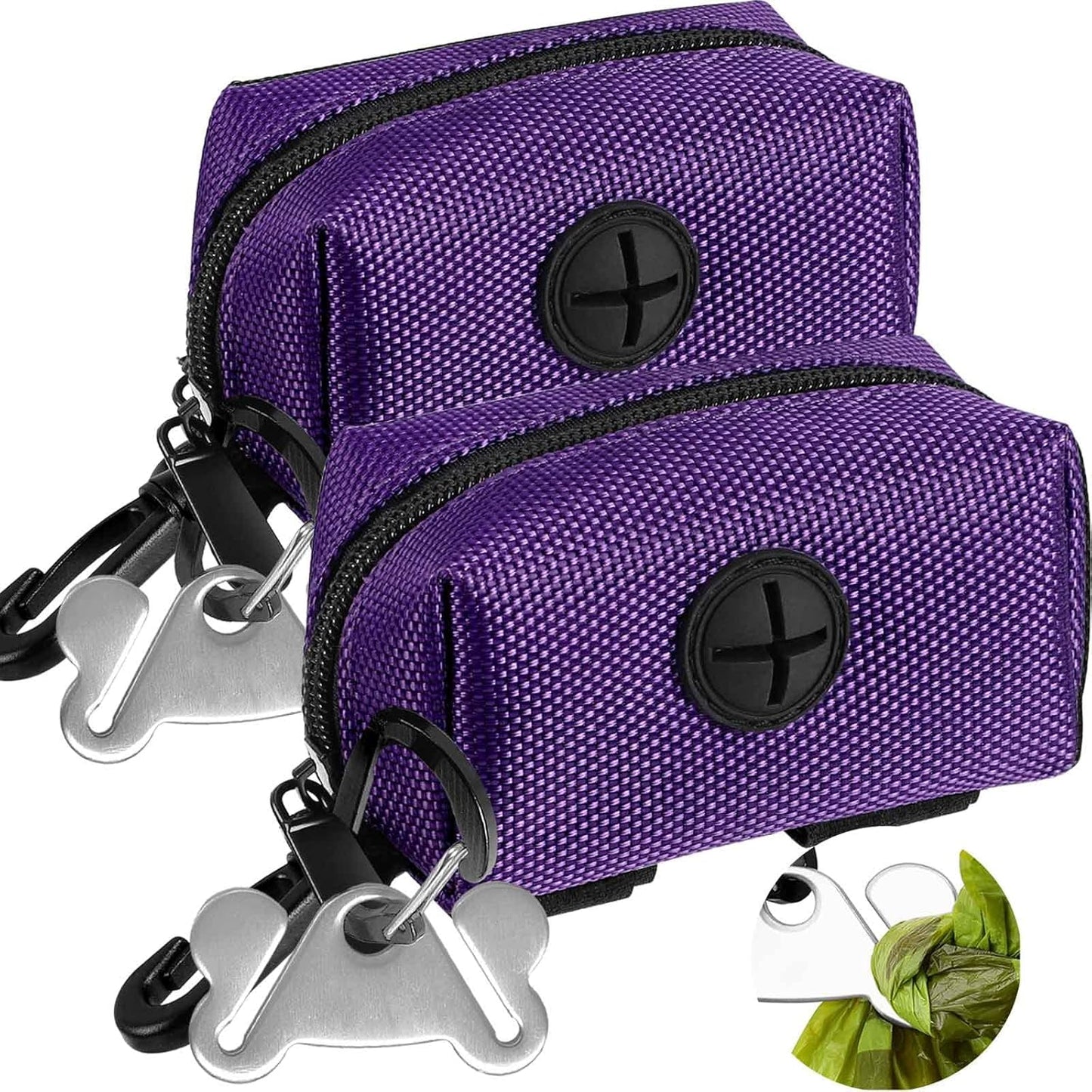 2Packs Dog Poop Bag Holder for Leash Attachment Dog Poop Bag Dispenser Dog Waste Bag Dispensers for Leash Accessory Dog Poop Bag Holders Dispensers & Hand Free Holder Metal Carriers, Black&Purple